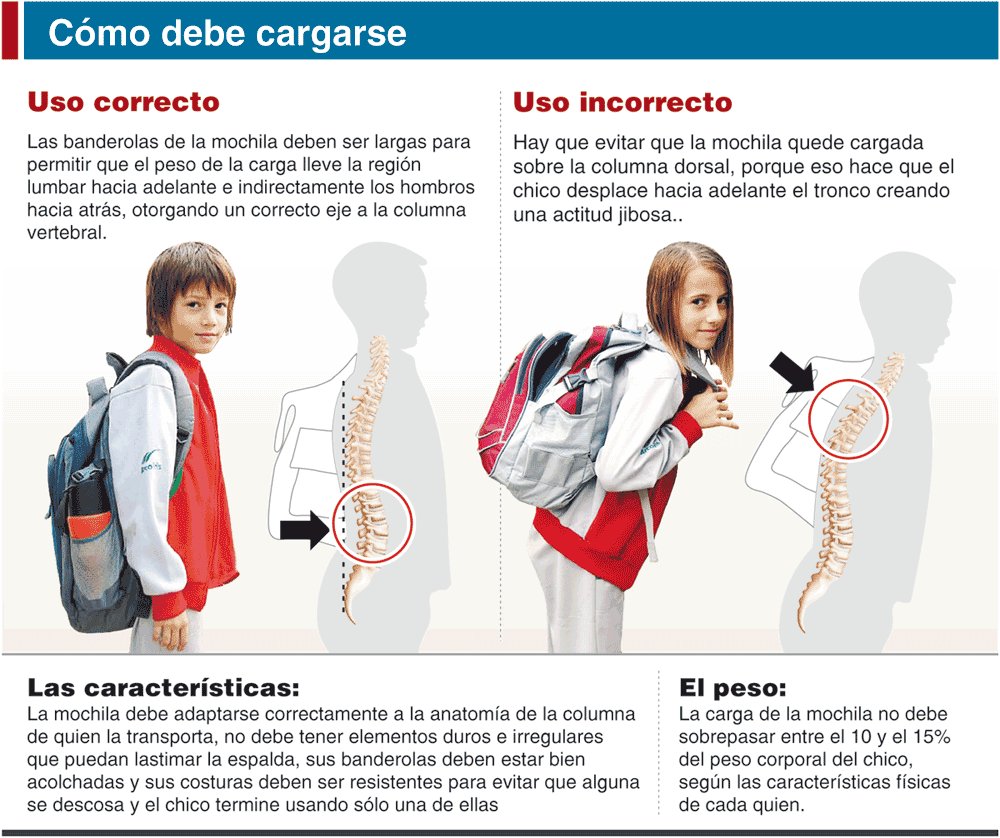 #Infografía Las asas de la mochila deben ser largas, si son más cortas el peso de la carga recae sobre la columna dorsal y hace que adoptemos una postura encorvada