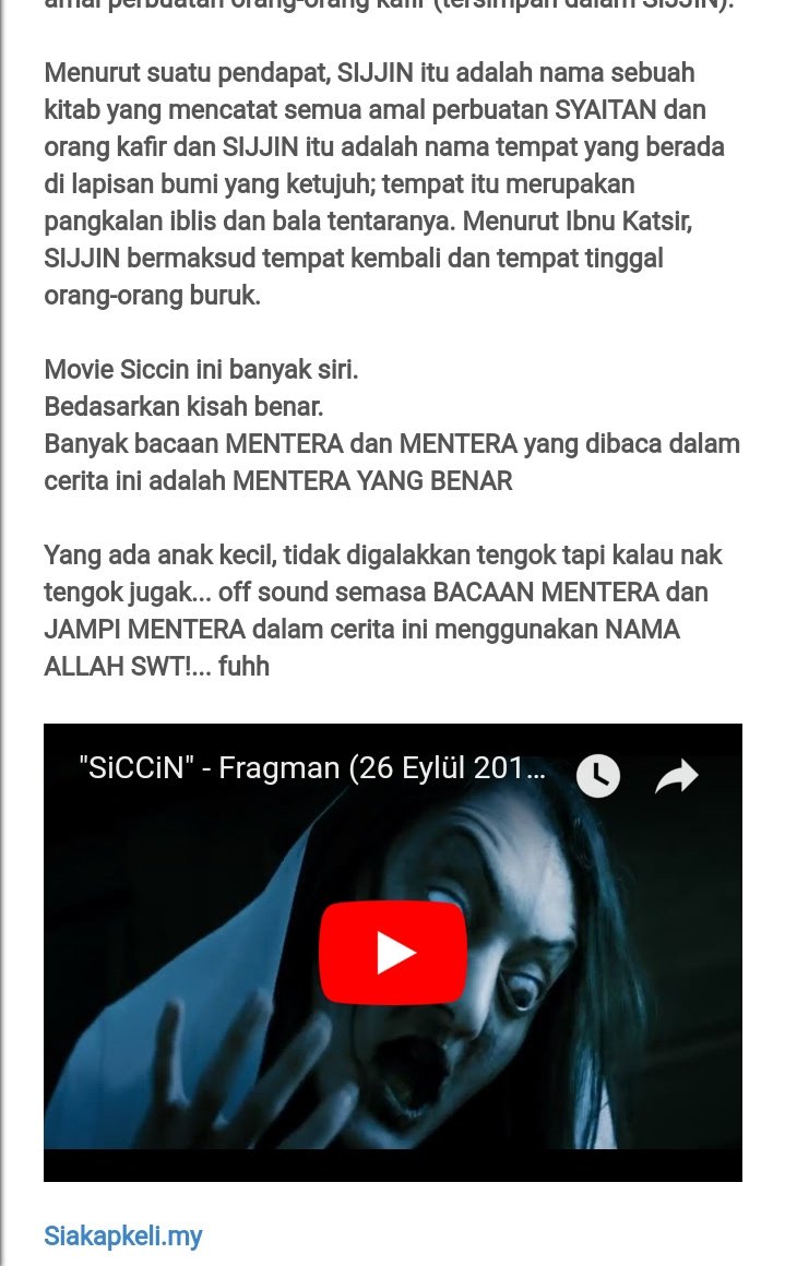 Filem SICCIN (cerita seram Turki)

'...batuk yang sangat kuat tekanannya sehingga mengakibatkan rahim (peranakkan) saya jatuh...'

Aku nasib baik tak tengok full haritu sebab tengah 'cuti'. Kalau tak, hm...