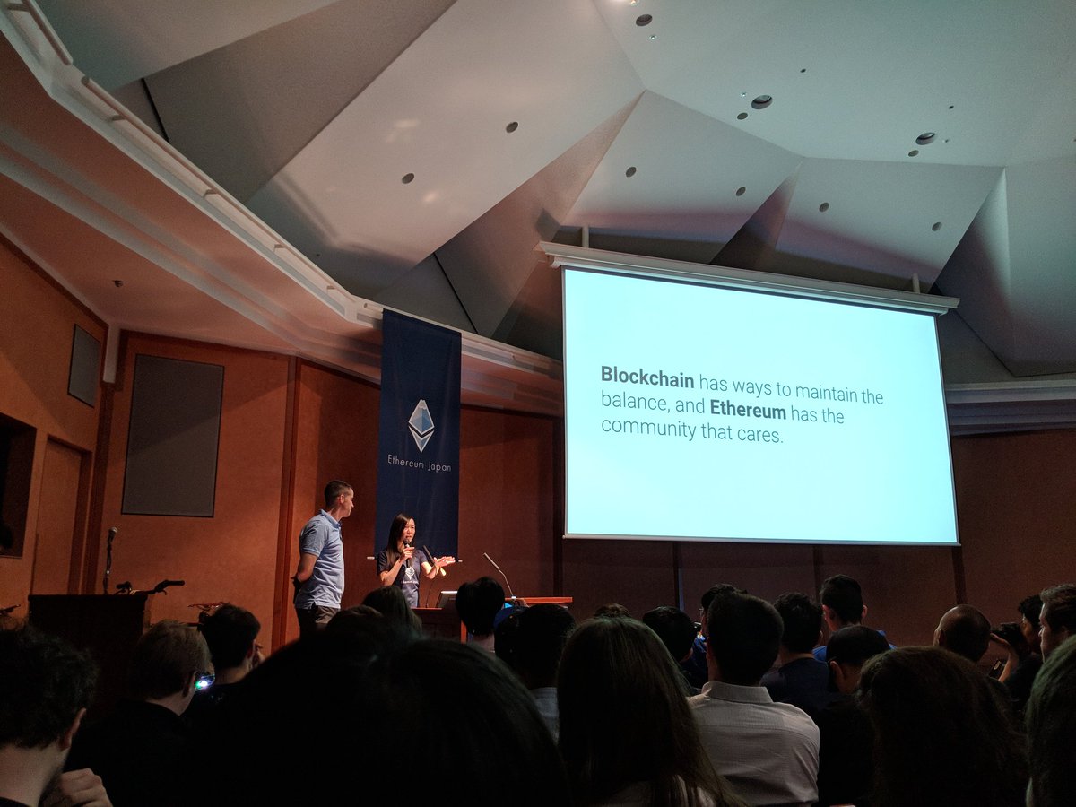 evabeylin's tweet photo. "Blockchain has ways to maintain the balance &amp; Ethereum has the community that cares" @mi_ayako #EthereumJapan https://t.co/mkdhEosQ44
