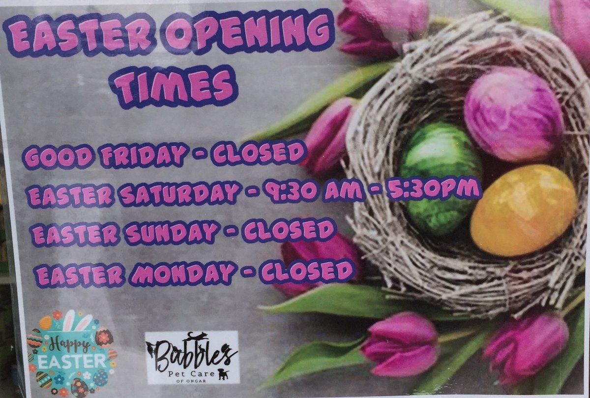 jamie_clark71's tweet photo. Bubbles of Ongar would like to wish all our customers a very Happy Easter and please remember a moment on the lips is a lifetime on the hips 😉 🐣🐣🐣 🐾🐾🐾 #happyeaster #easter #bubblespetcareongar #bubblesofongar #petcare #treats #EasterWeekend #EasterEgg https://t.co/n70FZZsvhd