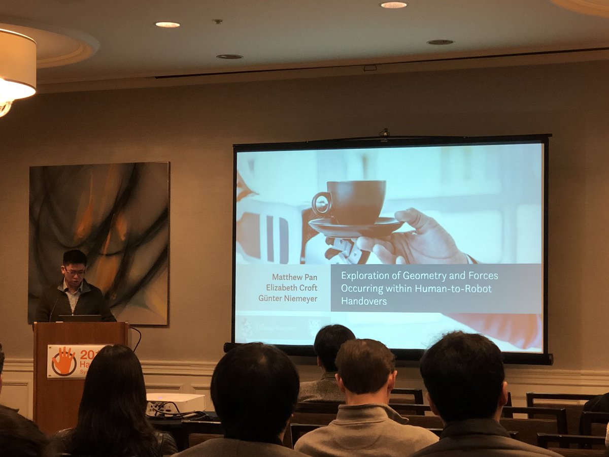 Which oral session are you attending? In Designing Interactions, Matthew Pan is telling us about “Exploration of Geometry and Forces Occurring within Human-to-Robot Handovers” #haptics2018