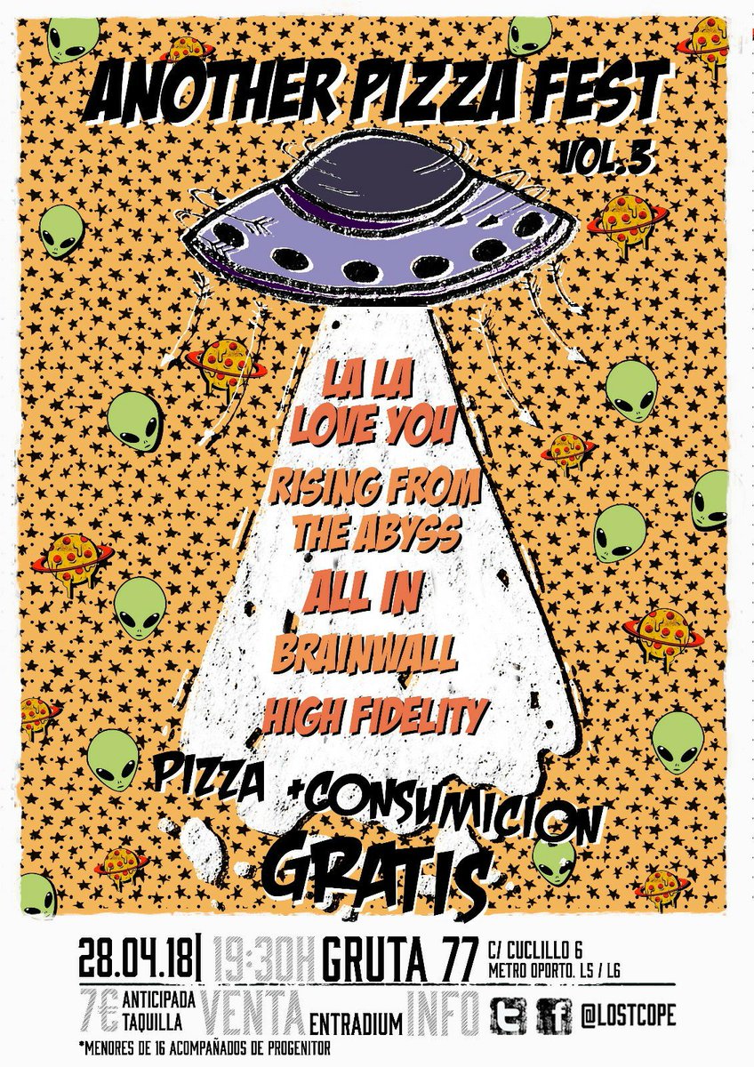 anpfest's tweet photo. 🍕🍕🍕🍕🍕🍕
Y ASI SE QUEDA EL CARTEL DEL ANOTHER PIZZA FEST VOL.3
Contaremos con @_lalaloveyou_ @RFTAbyss @allinbcnband @Kill_HiFi y #BRAINWALL 
ENTRADAS ANTICIPADAS YA DISPONIBLES EN: https://t.co/ByFHIRAMwR https://t.co/BcLl1nkwOC