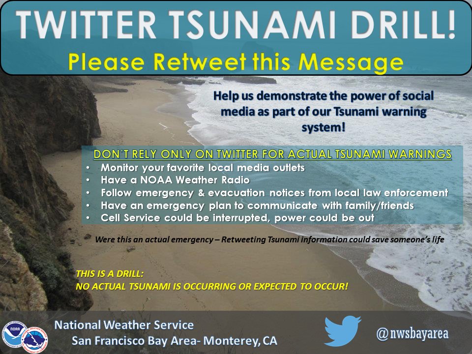 NWSBayArea's tweet image. ⚠ Twitter #Tsunami Drill.  Please retweet this message.  There is NO actual tsunami, just a test. #TsunamiPrep