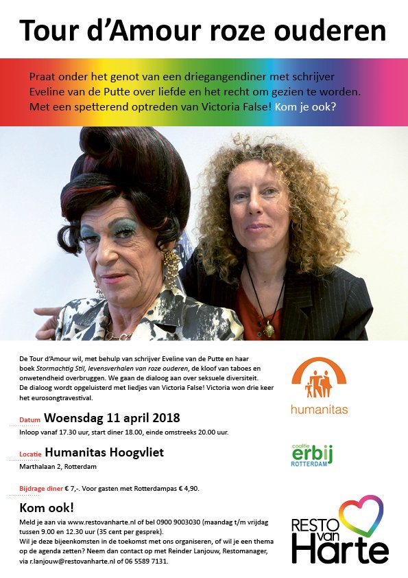 RestoRotterdam's tweet photo. Resto VanHarte Rotterdam organiseert 11 april met @Humanitas_Rtd en @ErbijRotterdam een Tour d'Amour voor roze ouderen. Met Eveline van de Putte en Victoria False. Reserveren via https://t.co/aGGIyMbK0n https://t.co/srteC6S2c5
