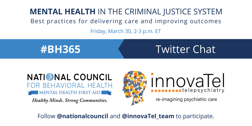 InnovaTel_Team's tweet photo. Join Dr. Keelin Garvey, MD, CCHP, and @NationalCouncil for a Twitter Chat on 3/30 at 2:00 p.m. ET to discuss #mentalhealth in the criminal justice system. Use #BH365 to participate! https://t.co/W1lB0r0gCF
