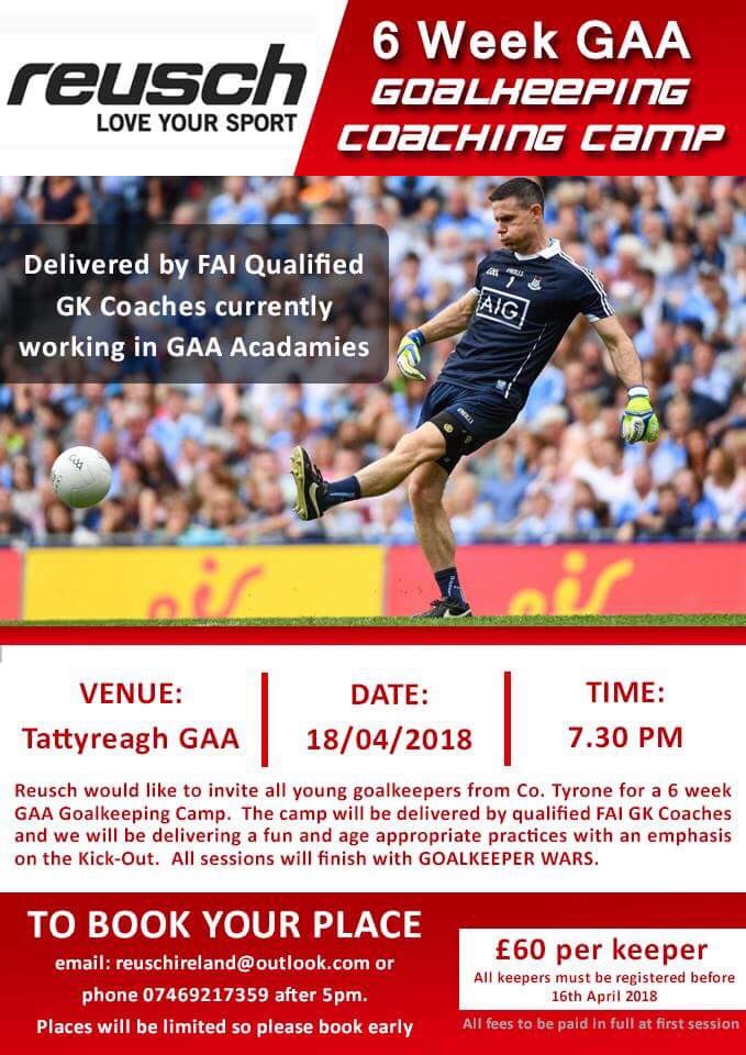 Our first of two Reusch GAA Goalkeeping camps been held in Tyrone, if you would like us to visit your club/county pls get in touch, Ireland’s only dedicated GAA Goalkeeping Camp with fully qualified coaches #reusch