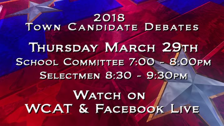 Julie4Wakefield's tweet image. Debate tomorrow, Thursday 3/29 - watch live on WCAT and FB.  School Committee at 7pm, Selectmen at 8:30 pm