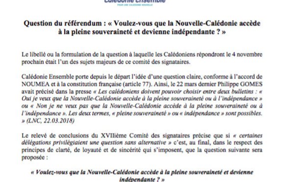 NCPresse1's tweet photo. Communiqué de Calédonie Ensemble sur la question du référendum Question du référendum : « Voulez-vous que la Nouvelle-Calédonie accède à la pleine souveraineté et devienne indépendante ? » Le libellé ou la formulation de la question à laquelle les... https://t.co/I9masI42Se https://t.co/7jU4qKDP85
