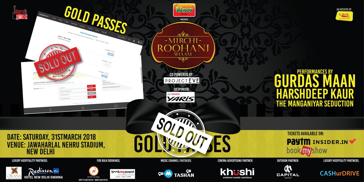 GOLD PASSES SOLD OUT! We knew this was bound to happen! Book your seat at #MirchiRoohaniShaam to be a part of a mesmerizing evening with <a href="/gurdasmaan/">Gurdas Maan</a> <a href="/HarshdeepKaur/">Harshdeep Kaur</a> &amp; #TheManganiyarSeduction Tickets on <a href="/Paytm/">Paytm</a> <a href="/insiderdotin/">Paytm Insider</a> &amp; <a href="/bookmyshow/">BookMyShow</a>