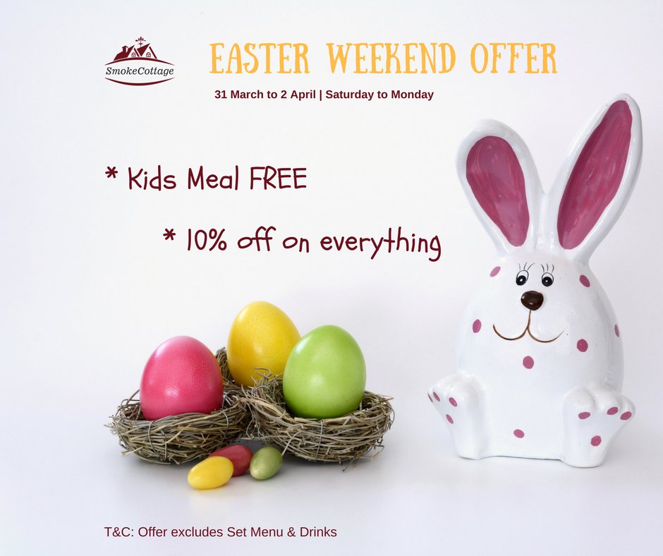 Easter Weekend Offer at <a href="/SmokeCottage/">Smoke Cottage</a> Restaurant #SouthEaling.

10% OFF Food &amp; KIDS MEAL FREE !!
#Easter2018 #Easterweekend #Ealing #Steakhouse

We are filling up fast, advance booking is highly recommended. Hit the link to book your space: smokecottage.co.uk/book-a-table/