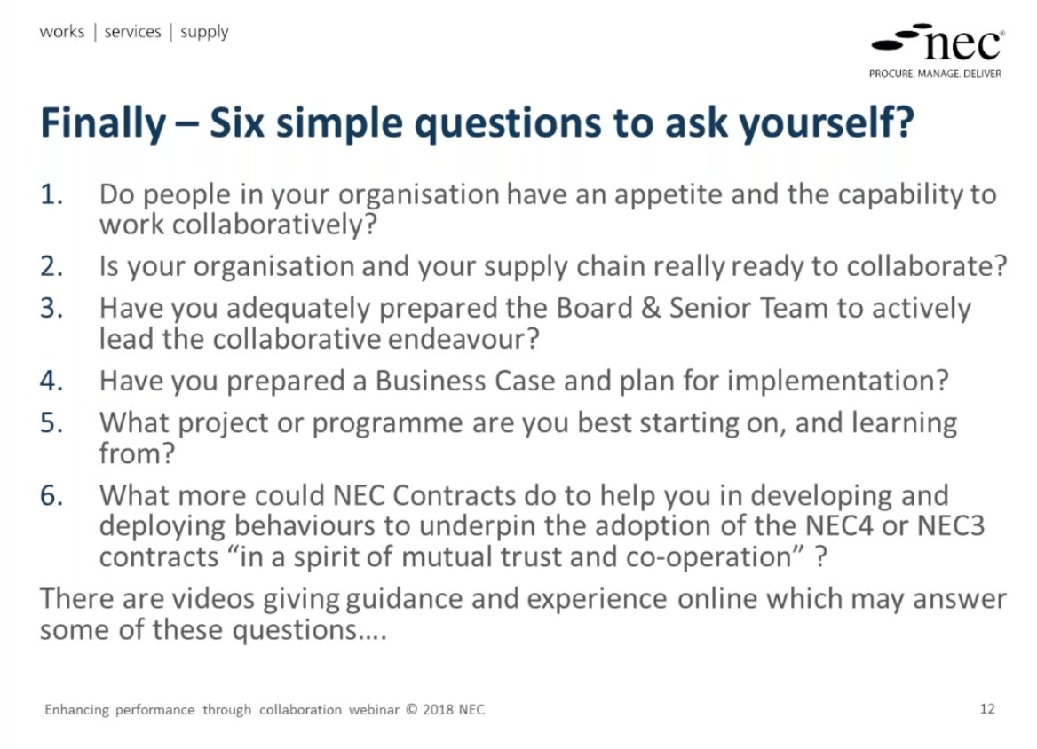 JCPConsultancy's tweet photo. As a parting thought to the webinar, Simon asks viewers to reflect on the following questions...

What are your views?

#Collaboration #NEC #Construction #Infrastructure https://t.co/1MvwGx7puj