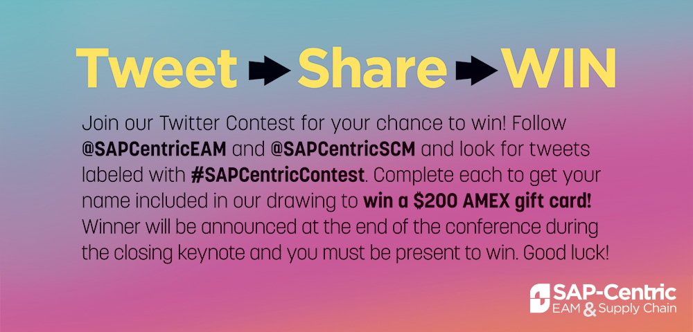 ASUG_SAPEAM's tweet image. Join the #SAPCentricContest for your chance to win $200! Follow @SAPCentricEAM &amp;amp; @SAPCentricSCM &amp;amp; look for tweets labeled with #SAPCentricContest. Complete each to get your name included in our drawing
