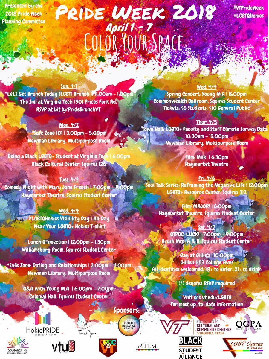 LGBTQCaucusVT's tweet photo. Check out the events happening next week for Pride Week! #VTPrideWeek #LGBTQHokies https://t.co/JV71tgEzkd