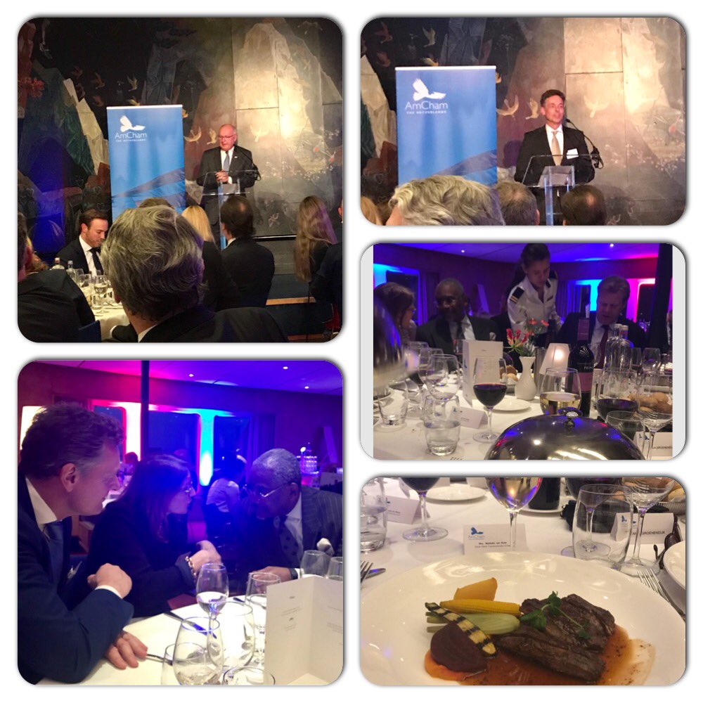 VanHuetCC's tweet photo. Welcome dinner honoring the arrival of US Ambassador @petehoekstra @de_rotterdam by @AmChamNL  At our table congressman #GregMeeks @newyorkcity @rotterdam @RdamPartners @deltalinqs https://t.co/ffFt2vxhrs
