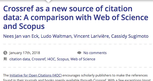 Thanks to @i4oc_org,  @CrossrefOrg citation data is being talked about as an alternative to Web of Science and Scopus for #bibliometrics research, though probably not ready quite yet. cwts.nl/blog?article=n…