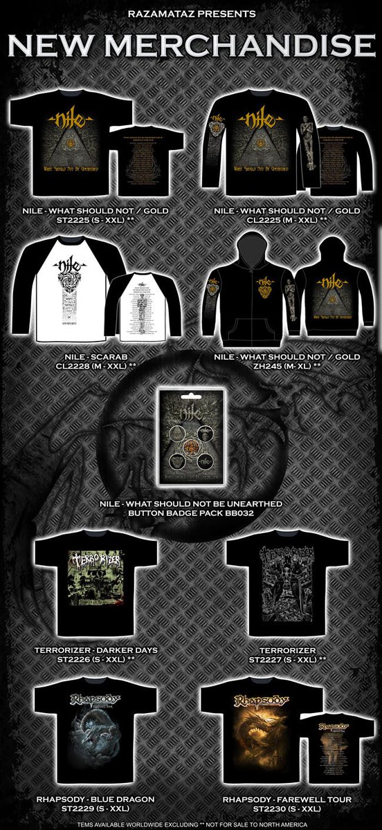 New merchandise from Nile, Terrorizer and Rhapsody