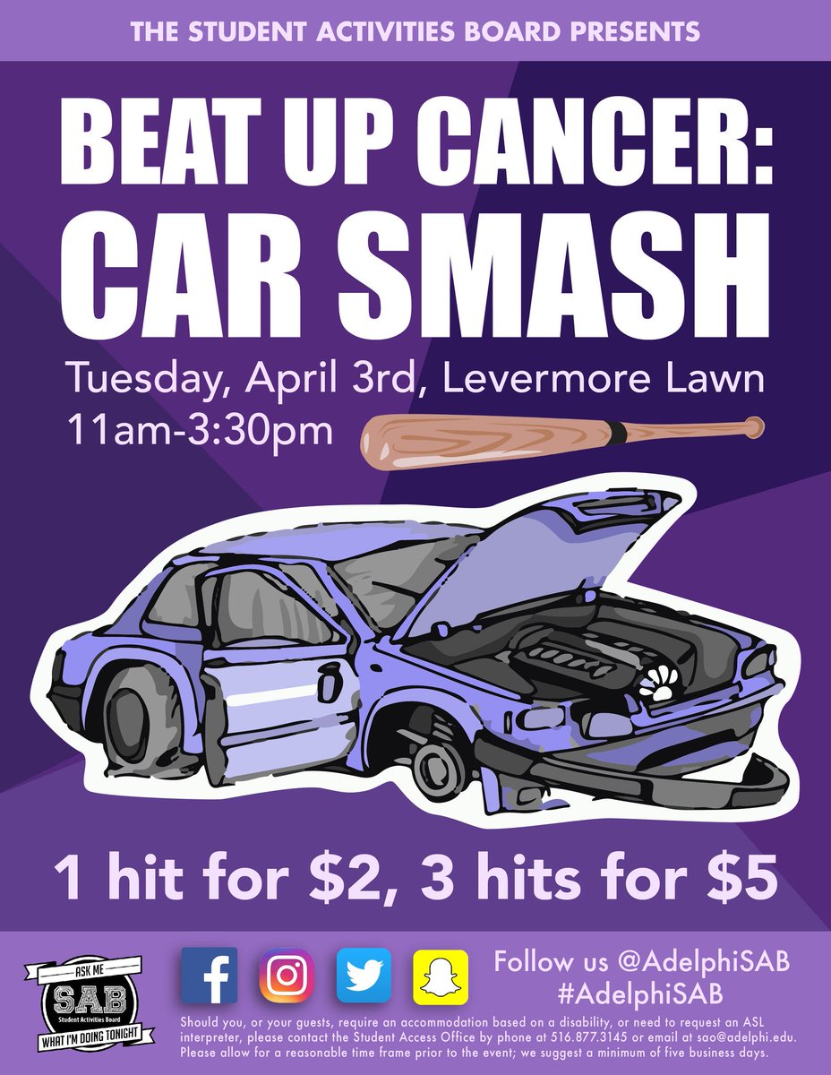 AdelphiSAB's tweet image. Next week Tuesday join us as we smash a car for Relay! It will be 11-3:30 on Levermore Lawn. 1 hit for $2, 3 hits for $5. Help us beat up cancer! #AdelphiSAB