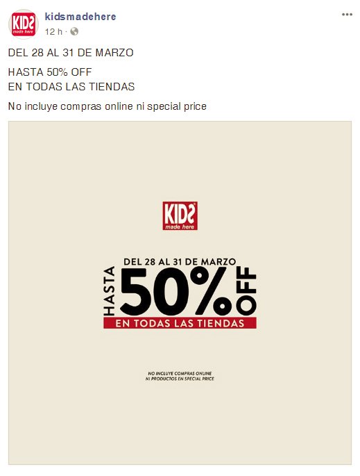 kidsmadehere's tweet photo. DEL 28 AL 31 DE MARZO

HASTA 50% OFF
EN TODAS LAS TIENDAS

No incluye compras online ni special price https://t.co/uvy0nf065p