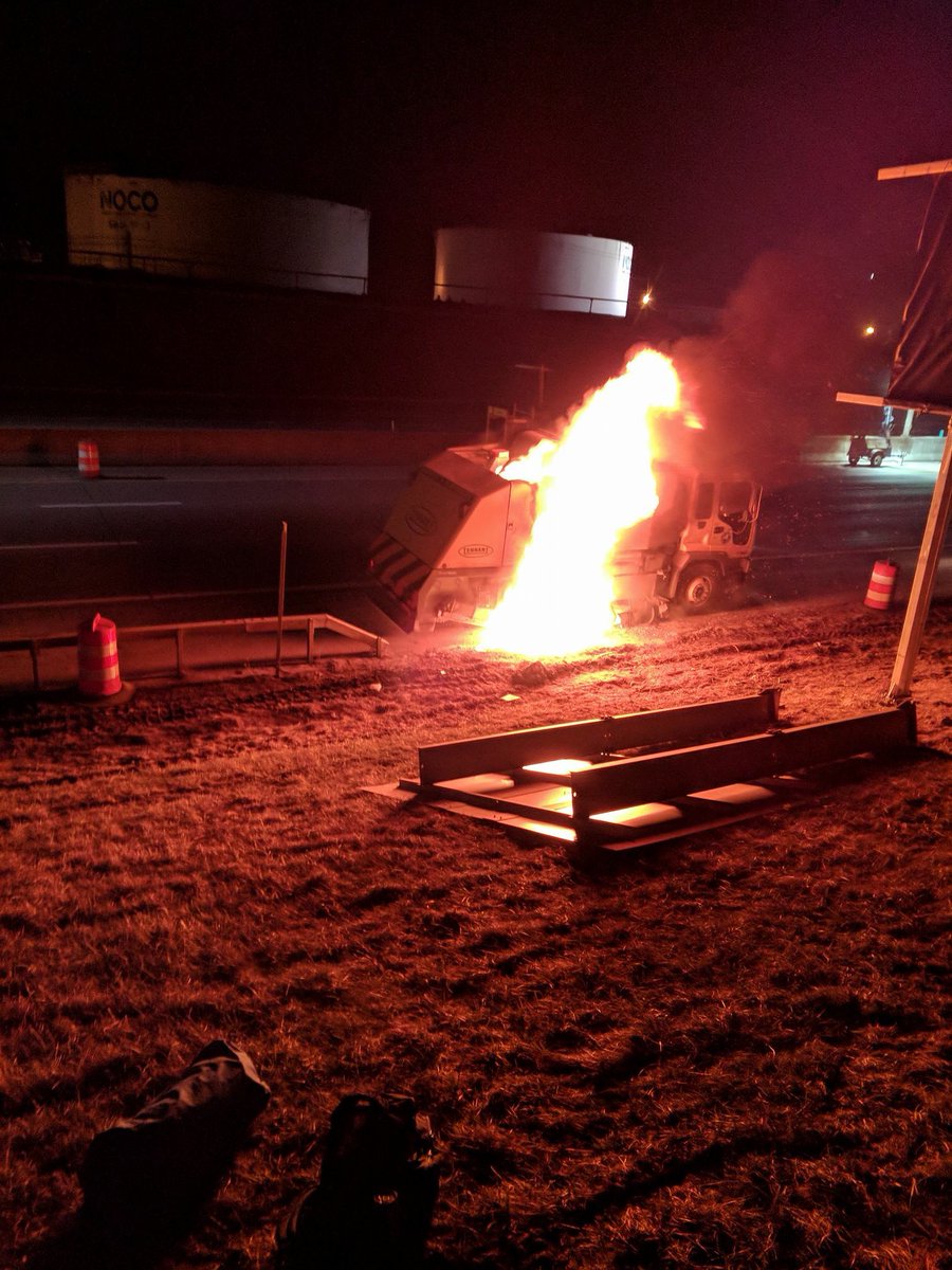 sheridanprkfire's tweet photo. We responded yesterday morning for a reported vehicle fire on the Grand Island Bridge.  Found a street sweeper on fire just before the bridge.  Thanks to @GrandIslandFire for the mutual aid https://t.co/pIYdnISnxE