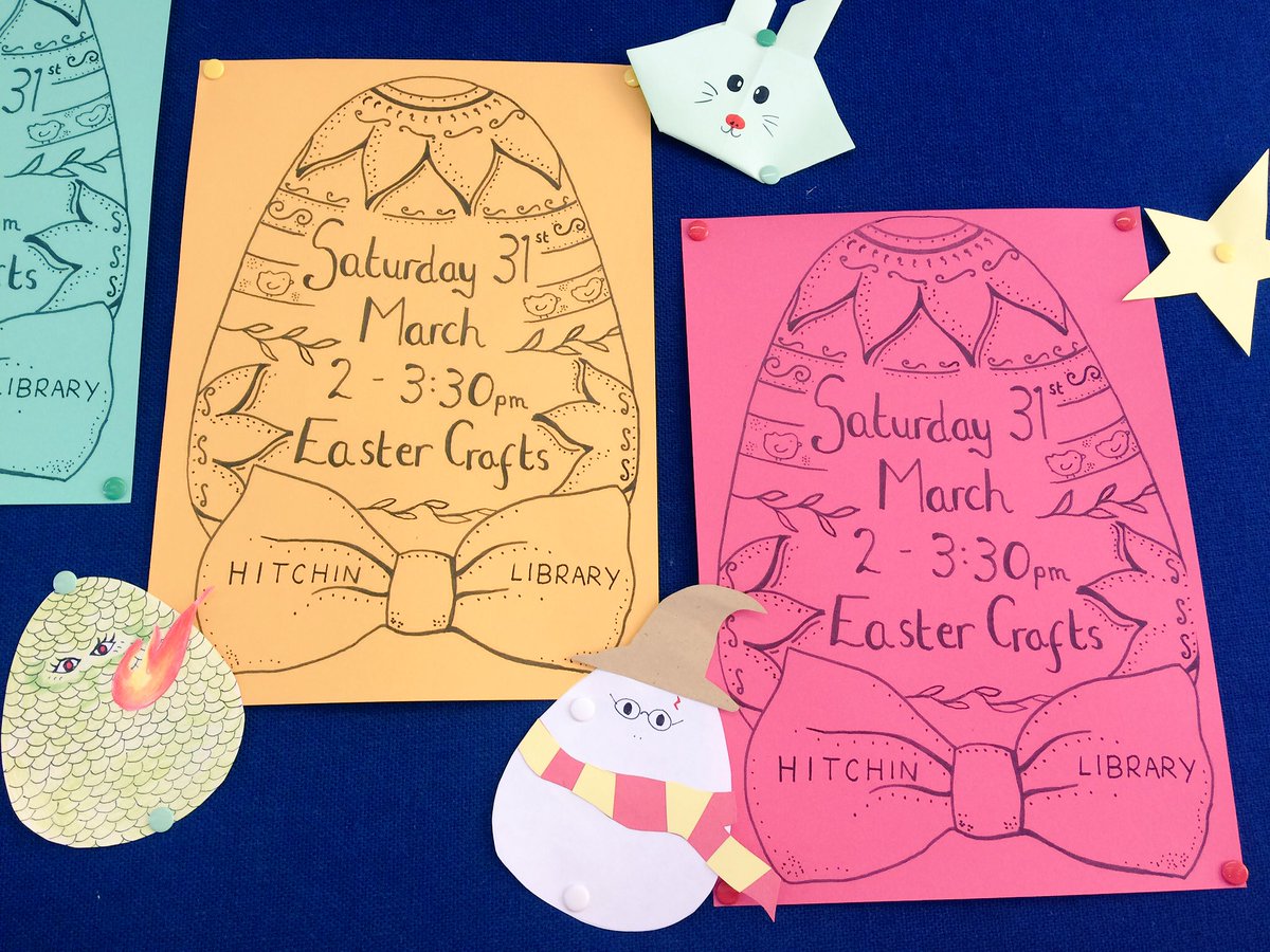 We have some Easter Craft upcoming this Saturday (31st) at 2pm 🐣and earlier in the day we have Saturday Rhyme Time at 10.15am 💜🎶 Hope you can join us! 

#Hitchin #librarylife #loveyourlibrary