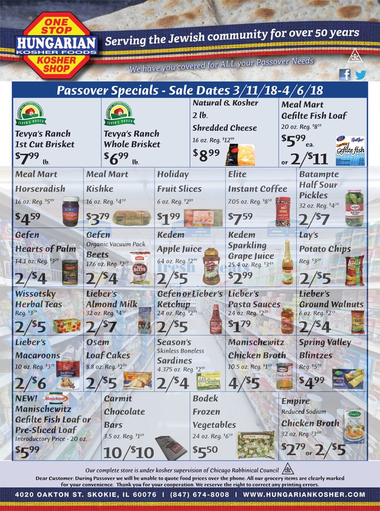 Got some last-minute needs for #Passover? <a href="/HungarianKoshe/">Hungarian Kosher</a> has some last-minute savings for you! There’s brisket &amp; gefilte fish, chicken broth, macaroons &amp; blintzes--More in store for you. Prices are good till April 6. Remember: our daily specials are not valid during Passover.