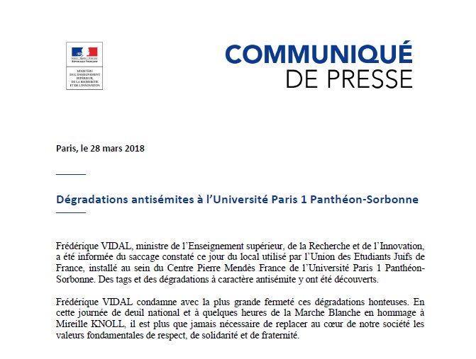VidalFrederique's tweet photo. Toute la lumière doit être faite sur les dégradations et les tags à caractère antisémite découverts aujourd’hui à la @SorbonneParis1. Il est plus que jamais nécessaire de replacer au cœur de notre société les valeurs fondamentales de respect, de solidarité et de fraternité. @uejf https://t.co/dw94m980Ji