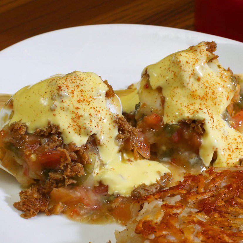 OverEasyCO's tweet photo. Our #Southwest  #Benedict is served on an open-face #tamale with #greenchili, #chorizo, and house made #hollandaise. https://t.co/us3XoHzYbD