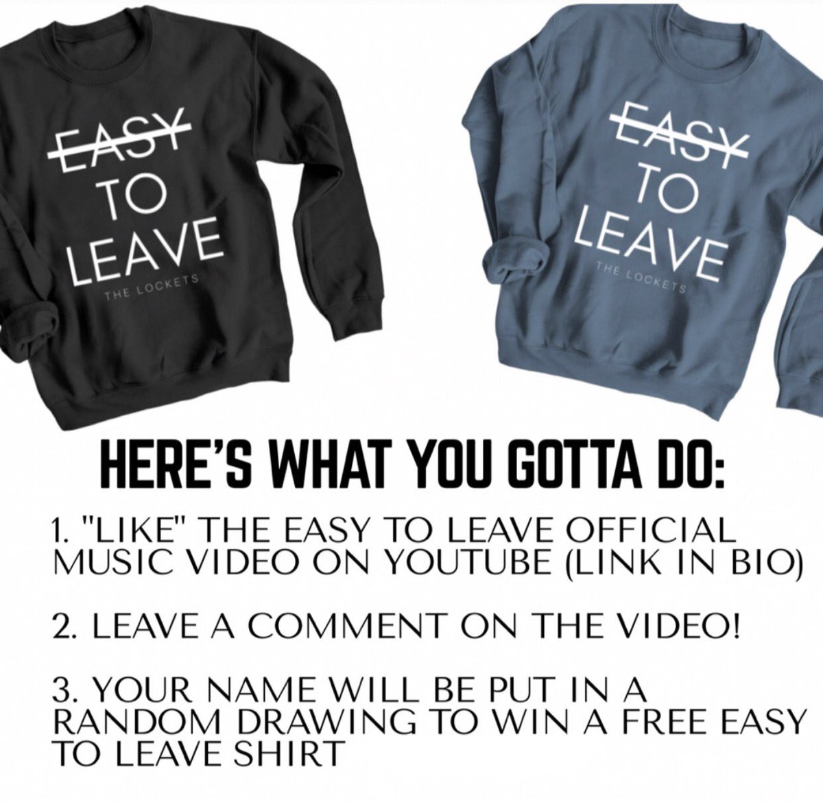 TheLocketsMusic's tweet photo. Want this FREE crewneck? Simply *like and comment* on the Easy To Leave music video (link below) by midnight TONIGHT &amp; your name will be put in for a chance to win! https://t.co/ABcqJxINpD https://t.co/flX2j5dgiP