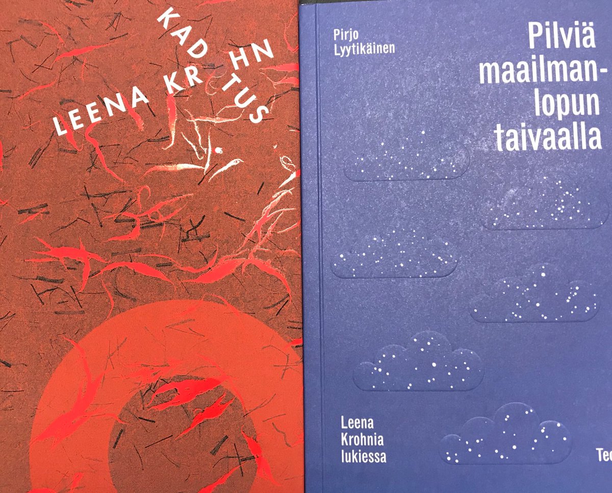 Teoskustantamo's tweet photo. Autuus ja onni, huomenna ilmestyvät nämä upeudet: Leena Krohnin huikea romaani #Kadotus ja Pirjo Lyytikäisen Krohnin tuotantoa syväluotaava esseekirja #Pilviämaailmanlopuntaivaalla. Suosittelemme, että lähdet pikimmiten kotiin/lomalle lukemaan! #leenakrohn #teoskustantamo https://t.co/BZ9oHyHAf0
