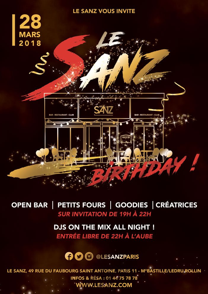 lesanzparis's tweet photo. HAPPY BDAY LE SANZ!!! 28.03.2018 Feat Natalia Latropikal, JP Mano, Danicko, AK Nitro, Djib, show live James MCQueen et Ivan percus... Open bar (19-22), petits fours, goodies... Dès 19h! https://t.co/fjrQRK0L4i
