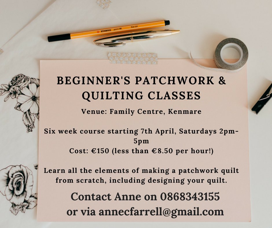 Patchwork_Irl's tweet image. Would really appreciate an RT for people round our Kerry Way! Slots still available at the  #Kenmare Family Centre for my beginners #patchworking &amp;amp; #Quilting #Classes from April 7th. Please spread the word! :)  #supportinglocalcrafts