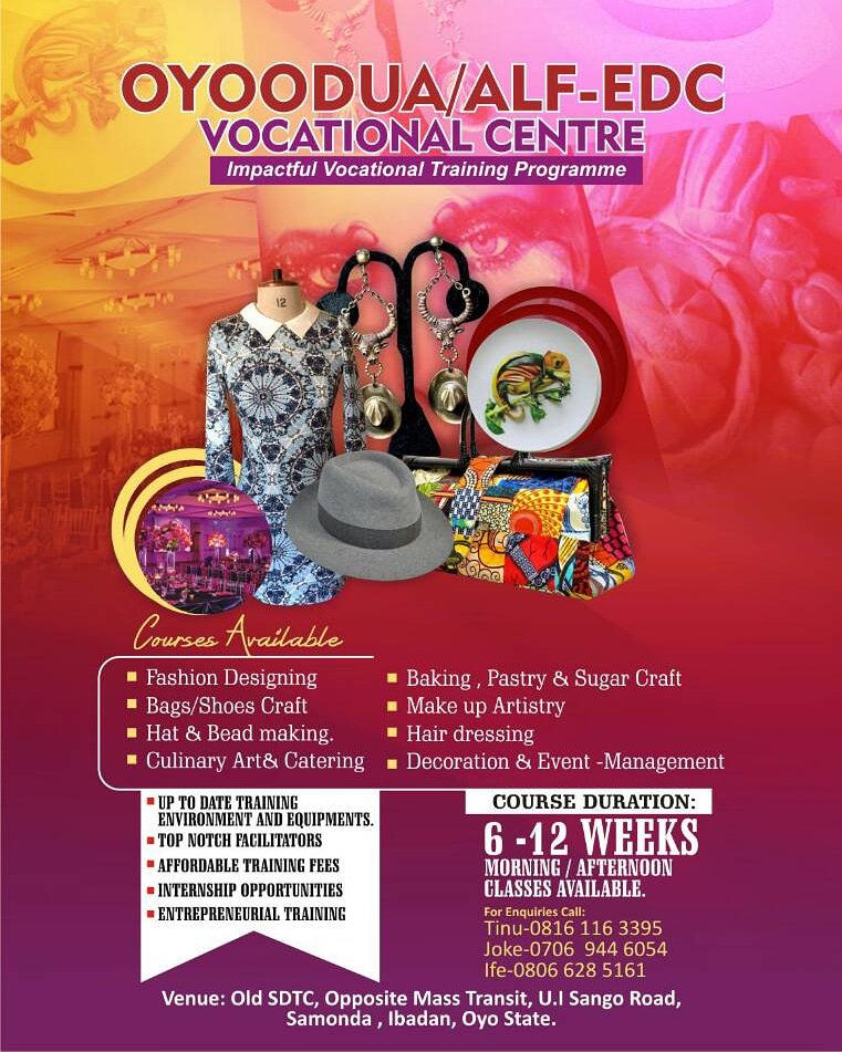DatinaDesigns's tweet image. Looking for the right place to acquire a skill? Connect with us in Ibadan @ Oyo Odua/ALF-EDC Vocational centre. We teach skills with excellence.