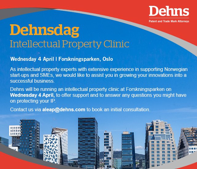 .<a href="/Robinson_IP/">Alex Robinson</a> will be running an intellectual property clinic <a href="/OsloSciencePark/">Forskningsparken - Oslo Science Park</a> on Wednesday 4 April. Email aleap@dehns.com to book an initial consultation.