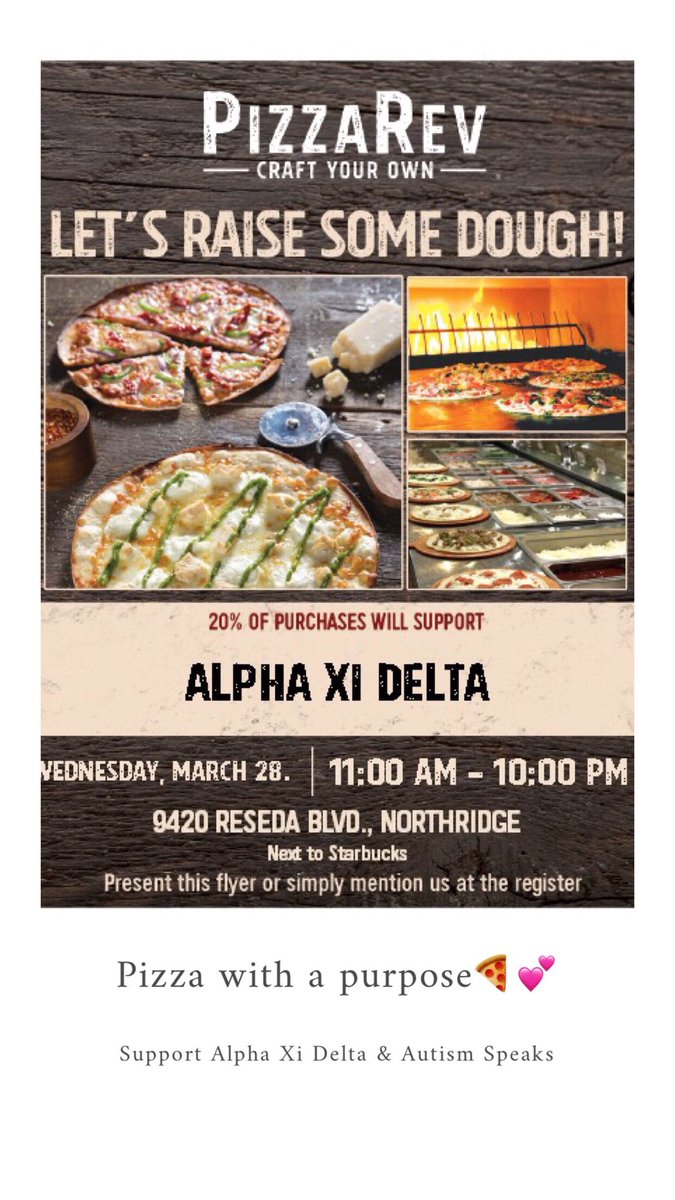It’s pizza day🍕 Stop by PizzaRev today from 11:00am-10:00pm and mention Alpha Xi Delta at the register💕