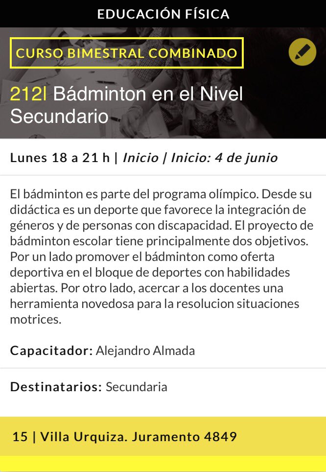 badminton_BA's tweet photo. Escuela de Maestros 
Curso con puntaje docente
Curso 212 - Badminton en el Nivel Medio

https://t.co/jZPS54hTNe

7 clases (4 presenciales y 3 a distancia)
Comienzo: 4 de junio de 2018 
Días Lunes de 18 a 21 hs.
Sede: 15 - Villa Urquiza, Juramento 4849, CABA.
Cierre de Insc: 12/4- https://t.co/zWLRKHqiaE
