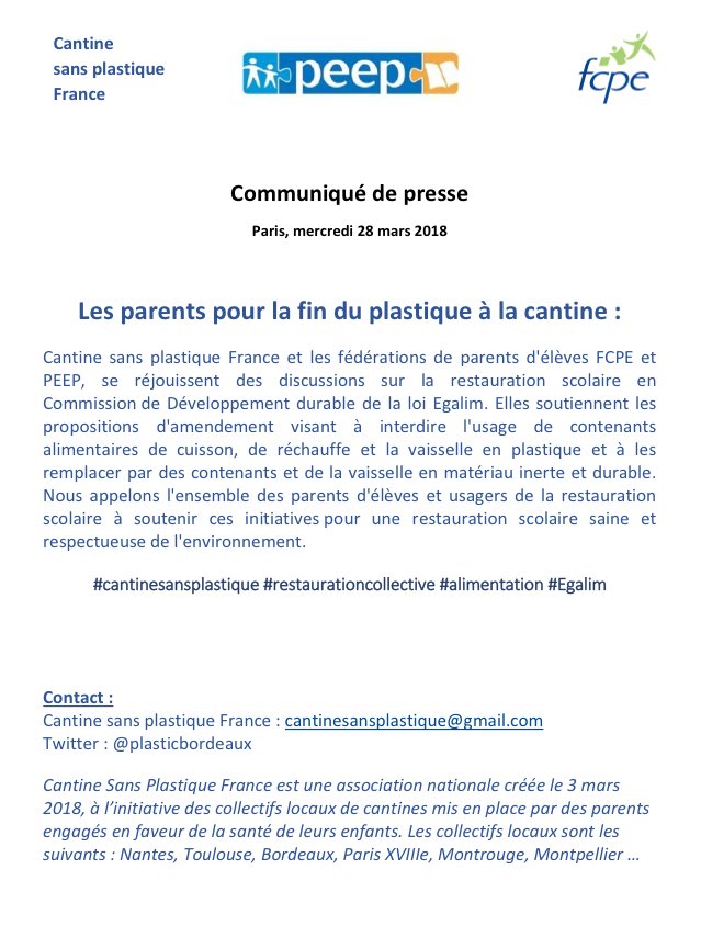 ParentsMontroug's tweet photo. Communiqué de presseLes parents pour la fin du plastique à la cantine:Cantine sans plastique France et @FederationPEEP @FCPE_nationale se réjouissent des discussions sur la restauration scolaire en Commission de Développement durable de la loi #Egalim
#cantinesansplastique https://t.co/wmp4DRniqe