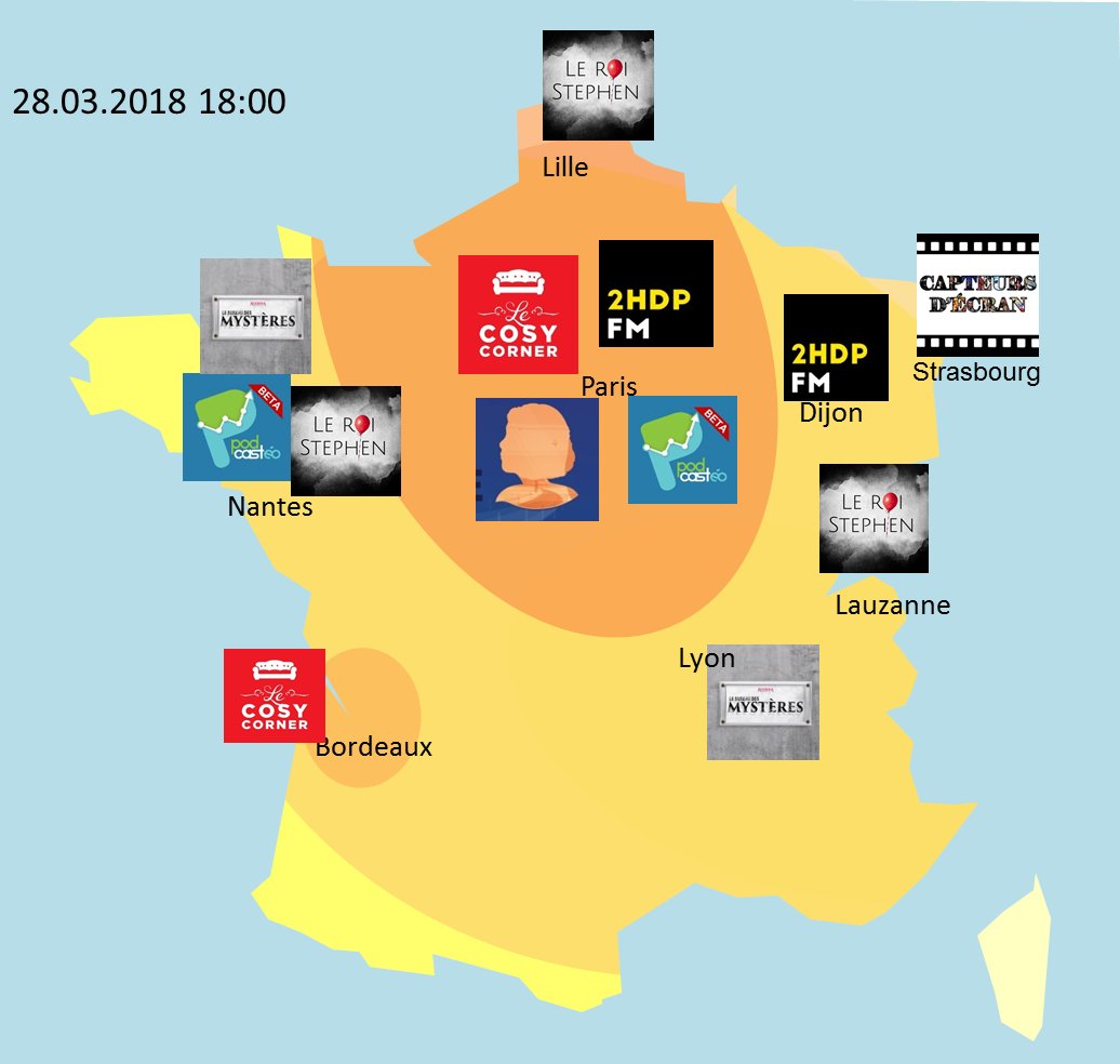 Une production podcastique plutot homogene sur l'ensemble du territoire avec @PodcasteoFR , <a href="/Corner_Cosy/">Le Cosy Corner</a>  (prévision), <a href="/2_HDP/">2 Heures De Perdues</a> , <a href="/entre_podcast/">Entre</a>  , <a href="/capteursdecran/">Capteurs d'écran</a> .
Prévoyez toutefois une petite laine pour <a href="/BDMlepodcast/">Bureau des Mystères</a> et #LeRoiStefen de @PodcutU #frissons #sueursFroides