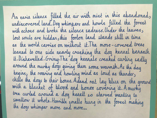 This is a Y5 piece of descriptive writing, you can read more on display in the classroom.  #metaphors #similes #frontedadverbials #embeddedrelativeclauses #powerfullanguage