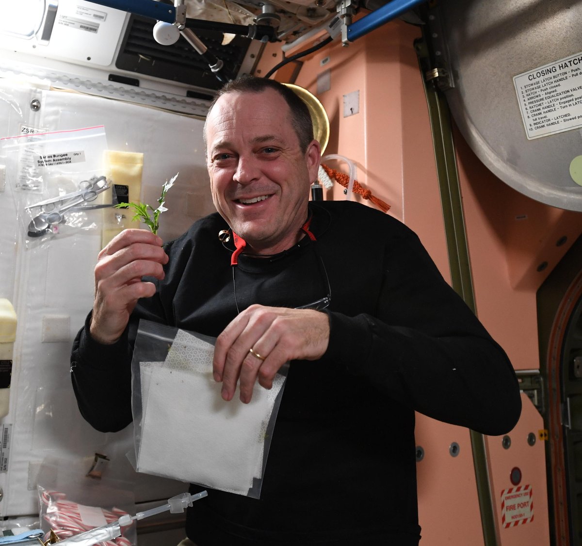 Astro_Feustel's tweet image. .@astro_ricky and I enjoying some fresh grown lettuce from the VEGGIE experiment on @Space_Station.