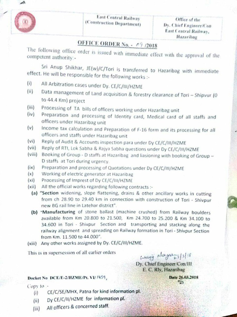 VivaciousAnjani's tweet photo. @RailMinIndia @PiyushGoyal @PiyushGoyalOffc @AshwaniLohani Hon'ble Sirs, What's responsibilites of a 3rd class Railway SSE/JE? All technical jobs incl job of a accountant, clerk, auditor etc.. pl have a look this letter &amp; requested to take appropriate n/c please. https://t.co/FzY5JEqRmQ