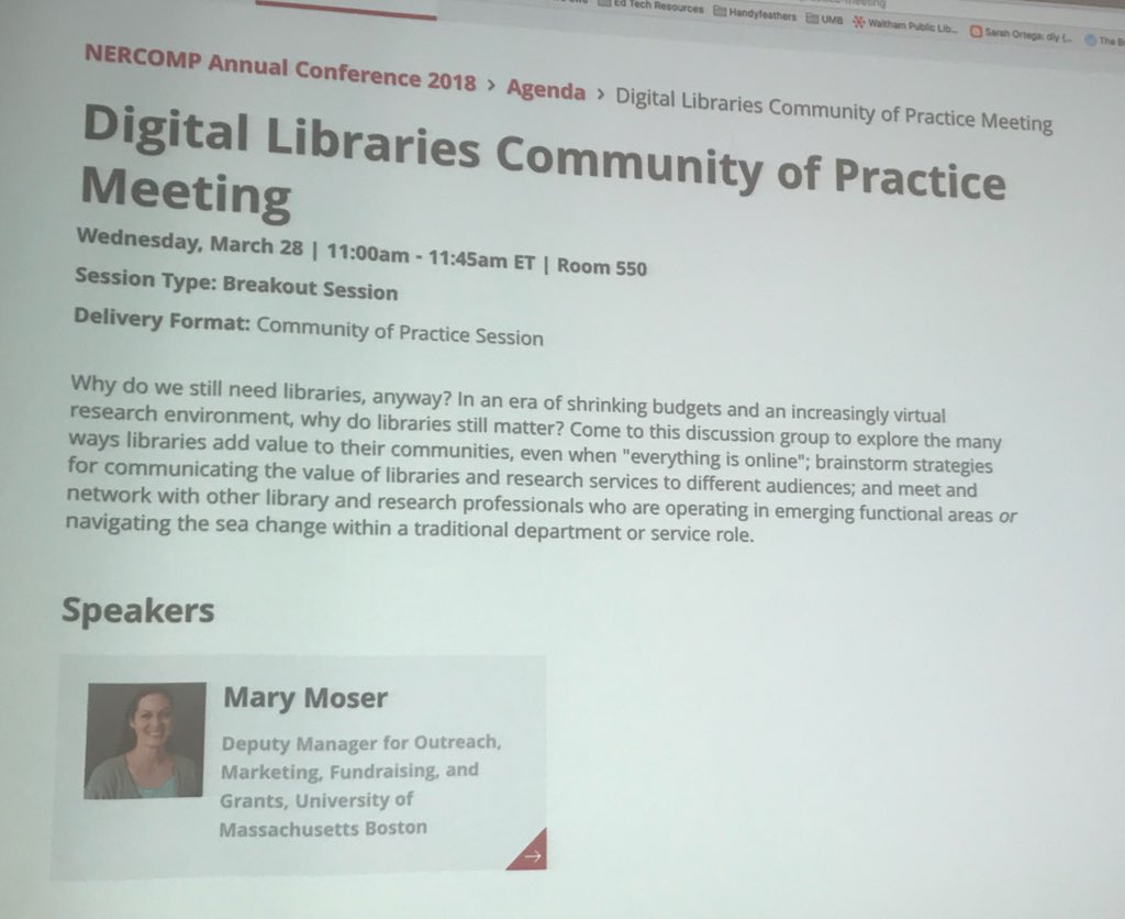 RedPandaReads's tweet photo. Not a Librarian? That’s ok! Come to our Digital Libraries Community of Practice meeting and talk about how libraries add value to a complex information landscape! #NERCOMP18 https://t.co/gK7XJ3v0G9