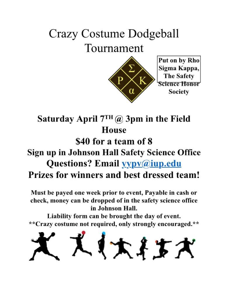 IUP_ASSP's tweet photo. The Safety Sciences honor society, Rho Sigma Kappa, is hosting a dodgeball tournament! @iupLOS @IUPstudents @IUPCrushes @IUPStudentCoop @IUPCrimsonHawk @IUPBarstool @AsSeenAtIUP @iup https://t.co/RhZTOhds5X