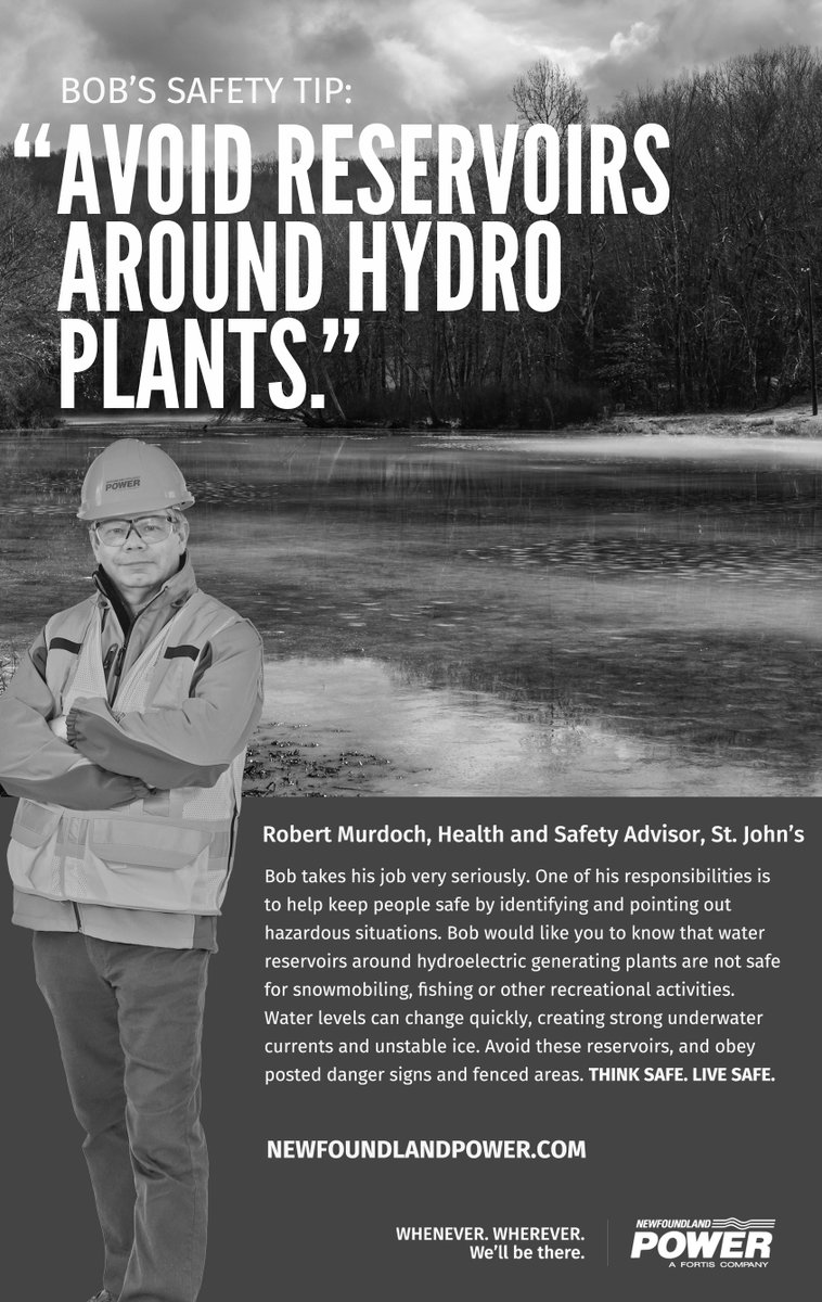 NFPower's tweet photo. Avoid reservoirs around hydro plants. They are not safe for snowmobiling, fishing or other recreational activities. Water levels can change quickly, creating strong currents and unstable ice. https://t.co/8YUXKZQZLi #ThinkSafeLiveSafe https://t.co/gcgXaSQ6VI