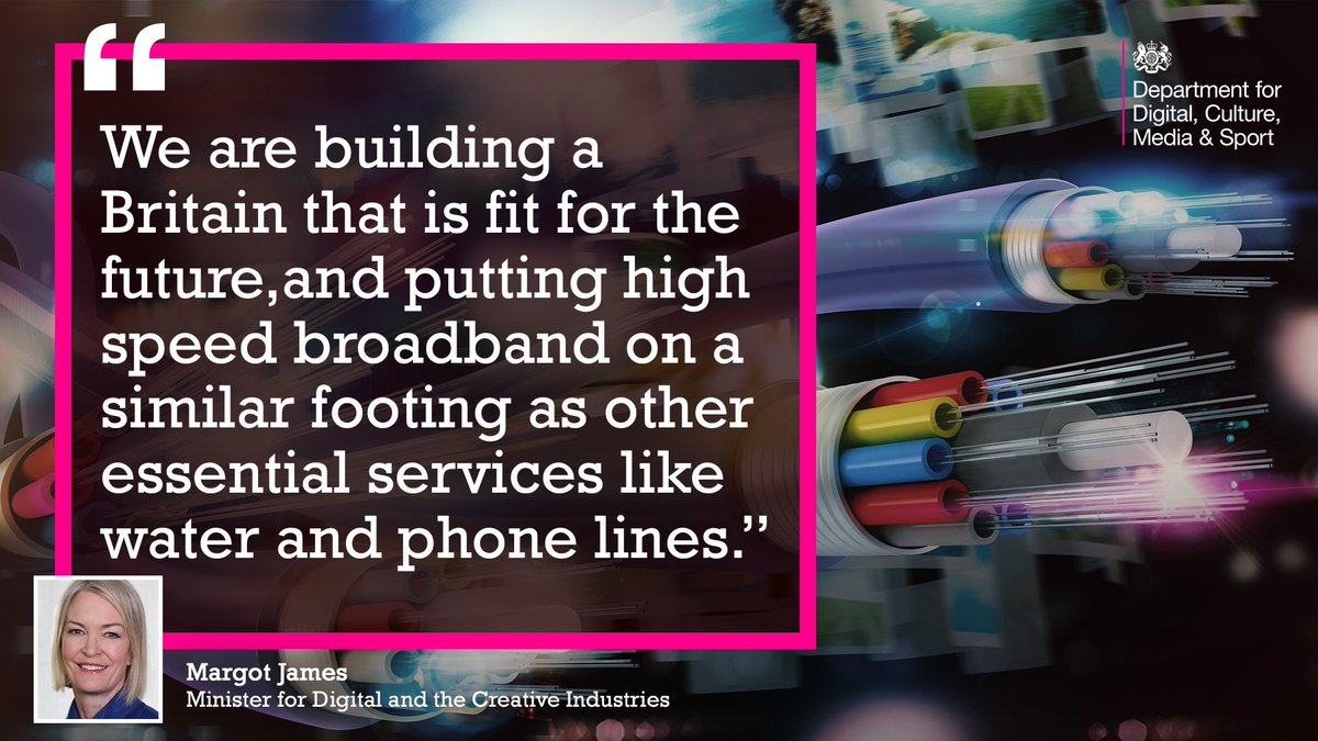 Image of broadband cables with the text "We are building a Britain that is fit for the future,and putting high speed broadband on a similar footing as other essential services like water and phone lines Margot James Minister for Digital and the Creative Industries"