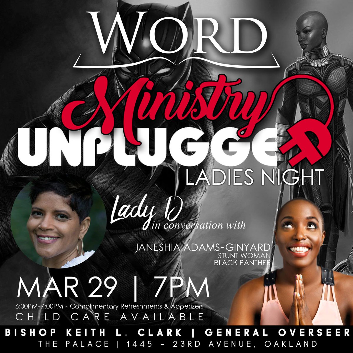 March 29th at 7 pm meet BLACK PANTHER movie Stuntwoman JANEISHA ADAMS-GINYARD at Ministry Unplugged sharing her story. #blackpanthermovie #marvel #blackgirlmagic #blacktwitter #prguru #BishopKeithLClark #nextlevelministry