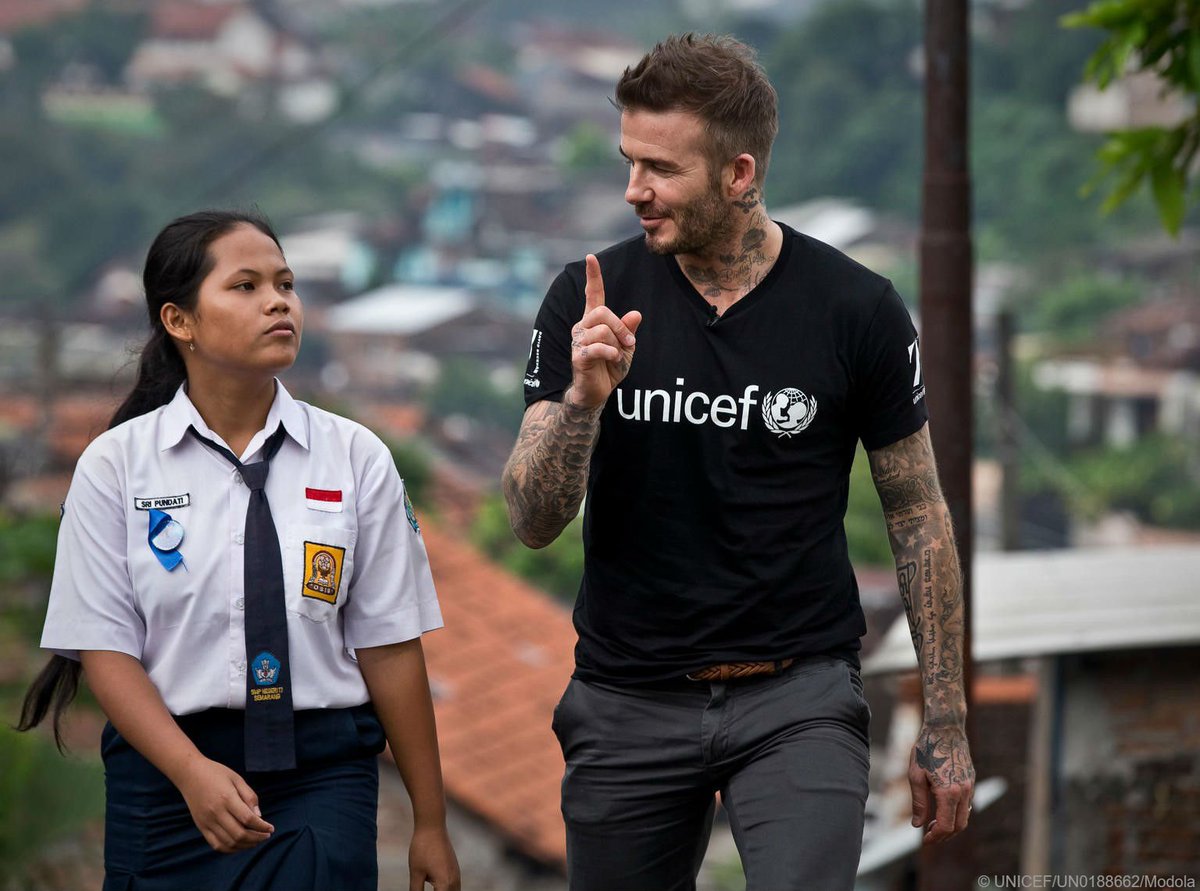 UNICEF's tweet photo. 💯

On his trip to Indonesia, our Goodwill Ambassador David Beckham met with 15-year-old Sripun. She was bullied at school &amp; now supports others who have been through the same experience. She is taking over his Instagram Stories right now. Check it out! #ENDviolence #7Fund https://t.co/gF4LAmomYb