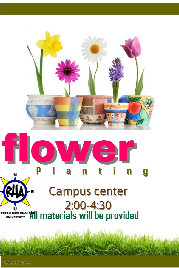wneRHA's tweet photo. Come plant your own flowers for your residence hall today in the Campus Center. All supplies will be provided and will run from 2-4:30 while supplies lasts. Hope to see you there! Questions? Email rha@wne.edu https://t.co/YdcSSSeqqw
