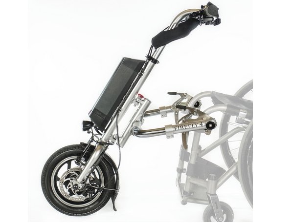 FIREFLY ELECTRIC HANDCYCLE Transform your manual wheelchair into a 3 wheeled electric machine in a matter of seconds! Speed increase of up to 12 mph and each charge allows for 15 miles of travel! Take care of your upper extremities&amp;lower your chance of injury with this device!