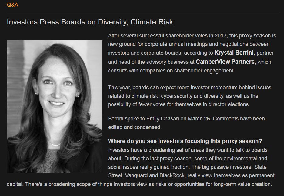 PJTCamberview's tweet photo. New in today's @business #SustainableFinance Brief: @CamberView's Krystal Berrini speaks with @echasan on investor priorities as the 2018 proxy season kicks off https://t.co/lY4LoTZCIm #ESG #corpgov https://t.co/ZNDN6mSglT
