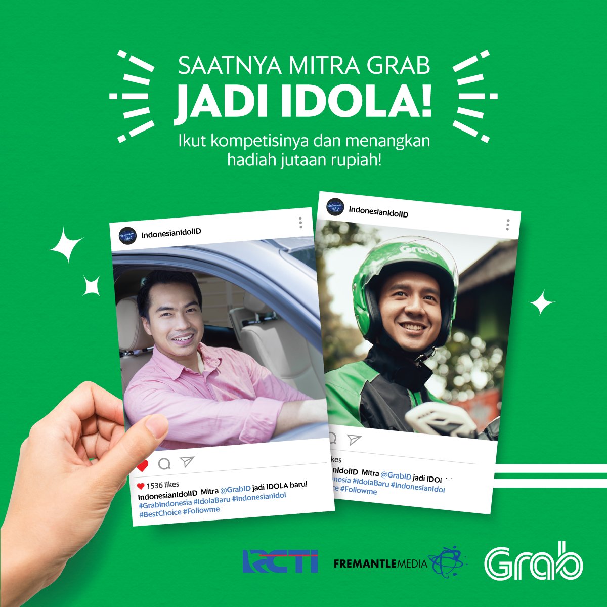 OfficialRCTI's tweet photo. Mitra GRAB BIKE &amp; GRAB CAR, sudah upload video nyanyi kalian ke sosmed? Ayo, upload sekarang juga &amp; menangin hadiah JUTAAN RUPIAH!

Will you be the next GRAB IDOL? 
@GrabID #IdolaMitraGrab #IndonesianIdol #GrabTakesYouThere https://t.co/2UKjpuRho2